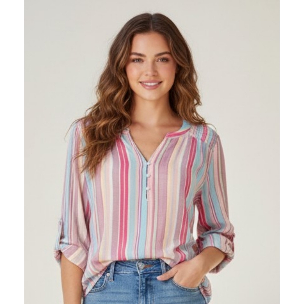 Lee Split Neck Striped roll up sleeves Top Multicolor Size XL